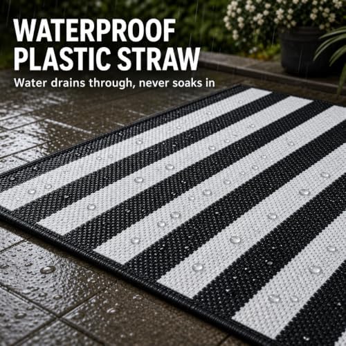 3x5 Ft Black and White Striped Reversible Plastic Straw Outdoor Rug - Image 7