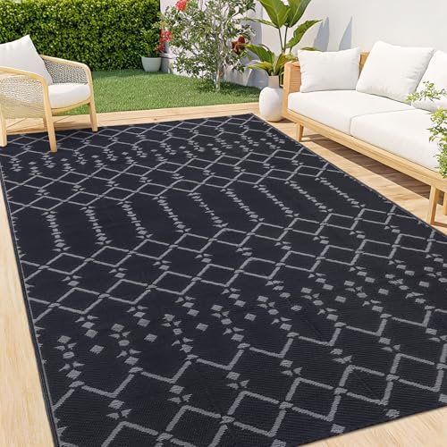 Smiry Outdoor Rug 6x9 ft Waterproof Reversible Boho Mat, Dark Grey by Smiry