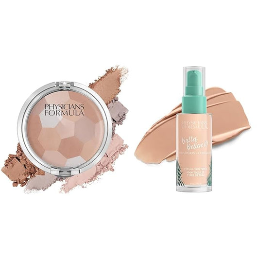 Physicians Formula Setting Powder Palette Multi-Colored Pressed Finishing Powder Translucent & Butter Believe It! Foundation + Concealer Fair-to-Light | Dermatologist Tested