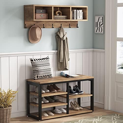 Tribesigns Coat Rack Set, Hall Tree, Industrial Shoe Bench, 3 Storage Cubbies - Image 2