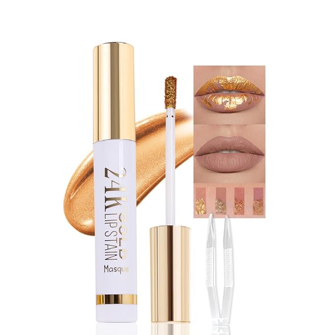 2025 New 24K Gold Liquid Lip Gloss Peel Off Lip Stain Tattoo with Tweezer, Brownish Red Lips Stain Peel Off Masque, Long Lasting Waterproof Lip Tint Stain,Transfer-proof for All Skin Types 02#