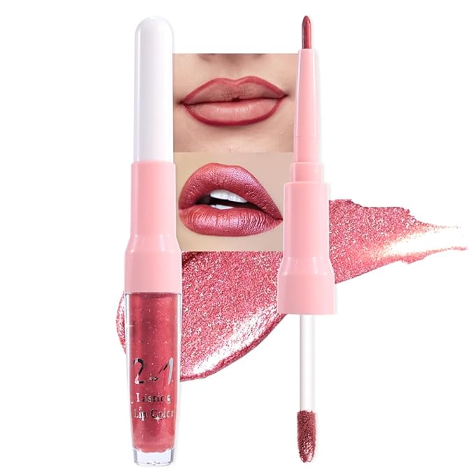 evpct Mauve Red Metallic Glitter Lip Liner and Lipstick Combo Lip Gloss Stain Set Makeup for Women Long Lasting Waterproof 24, Red Metallic Shimmer Frosted Iridescent Glossy Liquid Lipstick 13