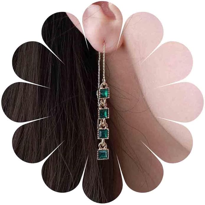 Vintage Emerald Crystal Threader Earrings Green Gem Drop Earrings Emerald Cz Square Earrings Gold Long Emerald Chain Earrings Jewelry for Women