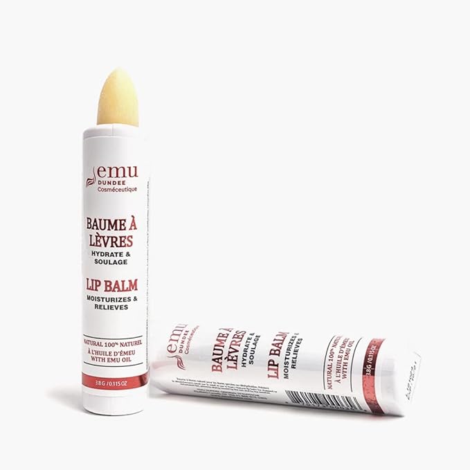 Emu Dundee | 2 Tubes of Natural Lip Balm with Emu Oil, Made in Canada | Relieves, Hydrates and Soothes Dry, Cracked & Chapped Lips | Fragrance Free(2x 3.8g)