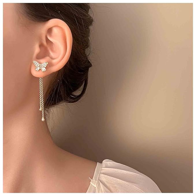 Vintage Crystal Butterfly Stud Earrings Gold Long Chain Earrings Thin Drop Chain Earrings Cz Paved Butterfly Earrings Retro Hanging Chain Earrings Jewelry for Women and Girls