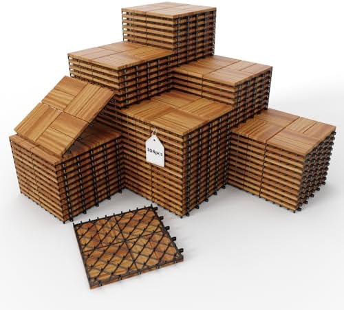 108Pcs Interlocking Deck Tiles, Acacia Wood Flooring, 12x12in Raised Base by XINONE