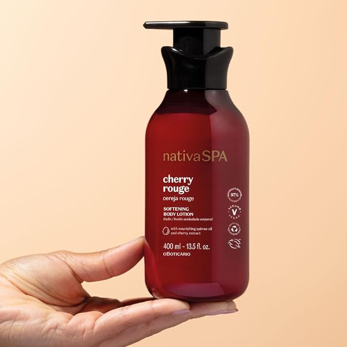 O Boticário Nativa SPA Cherry Rouge Velvety Body Lotion, Bold Oriental Amber Fragrance with Cherry Extract & Quinoa Oil, Collagen Boosting Hydration, 13.5 Ounce (400ml)