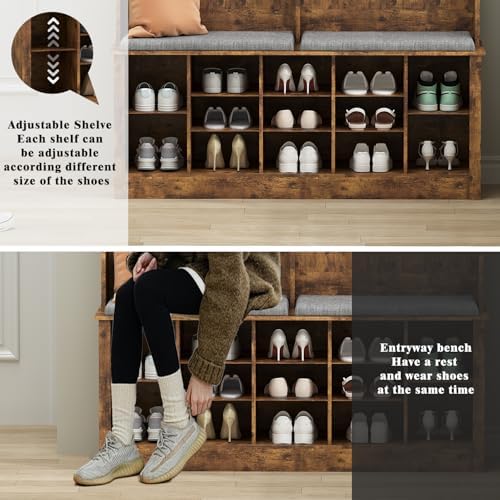 Wodeer Hall Tree with Bench and Shoe Storage, 6 Hooks, 12 Shoe Cubbies - Image 4