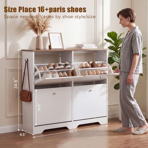 Nicetree 4 Flip‑Drawer Shoe Cabinet, Walnut Top, 9.5" Deep, Light White - Image 2
