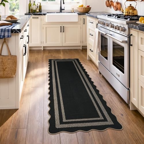 LIVEBOX Scalloped Easy Jute Kitchen Runner Rug, 2x6 Hallway Runner Black Rugs - Image 2