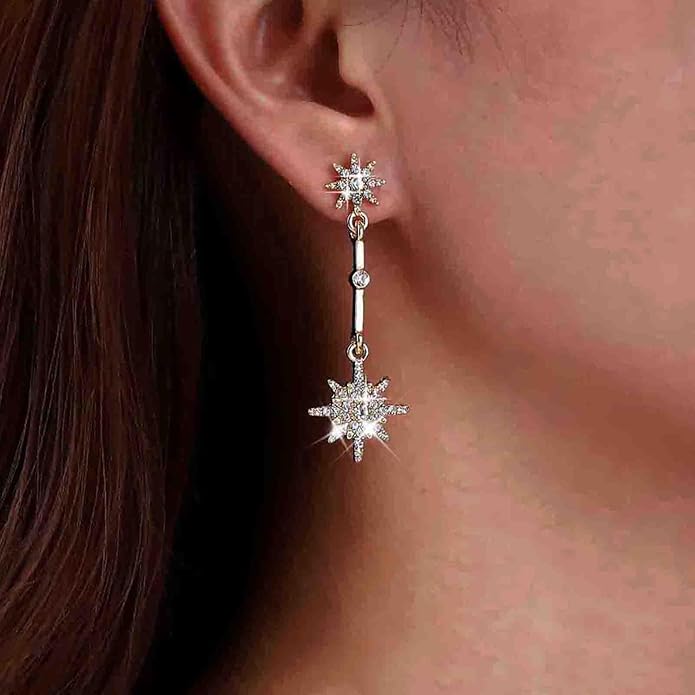 Vintage Crystal Starburst Drop Earrings Long Rhinestone Northstar Earrings Gold Cz Star Dangle Earrings Cz North Star Stud Earrings Jewelry for Women