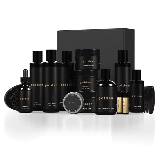 Golden Grooming Co. Complete Men's Grooming Gift Set - Beard Oil, Face & Body Wash, Shampoo, Balms, Moisturizer, Scrub & More