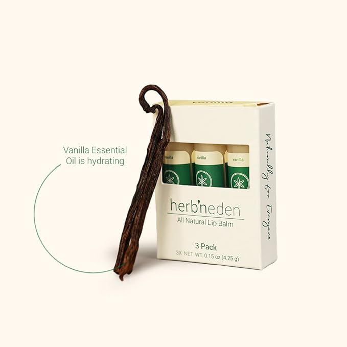 Herb’N Eden Vanilla Lip Balm Pack of 3 | Moisturizing and Soothing for Dry, Chapped Lips | 100% Natural Ingredients | Essential Oils