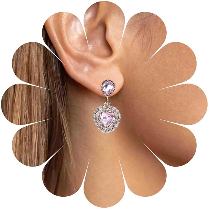 Vintage Emerald Heart Earrings Emerald Cz Teardrop Earrings Rhinestone Heart Drop Earrings Green Gemstone Stud Earrings Jewelry for Women(Green)