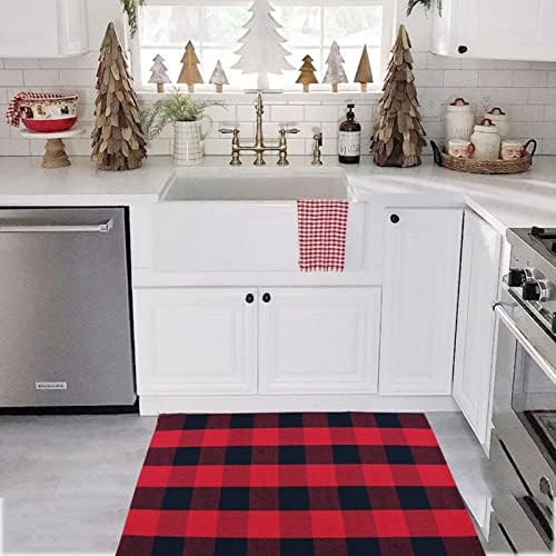 Red and Black Plaid Rug, Cotton Woven Rug - Image 6
