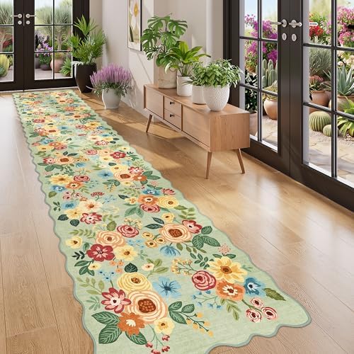 DUKINO 2.6x12 Washable Runner Rug, Floral Non Slip Long Kitchen Rug by DUKINO