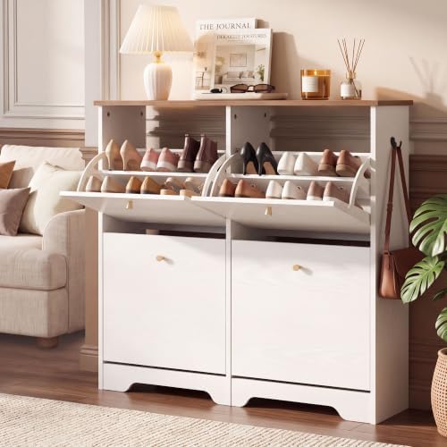 Nicetree 4 Flip‑Drawer Shoe Cabinet, Walnut Top, 9.5" Deep, Light White by Nicetree