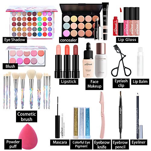 All-in-one Holiday Make up Gift Set | Makeup Kit for Women Full Kit Essential Starter Bundle Include Eyeshadow Palette Lipstick Blush Foundation Concealer Face Powder Mascara Lipgloss Brush