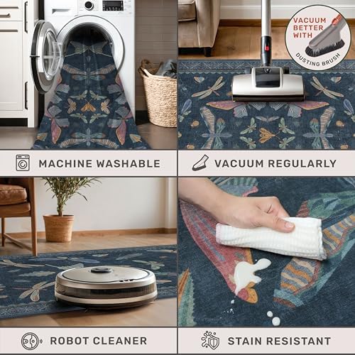 2x7 Navy Blue Runner Rug, Washable Vintage Insect Carpet - Image 5