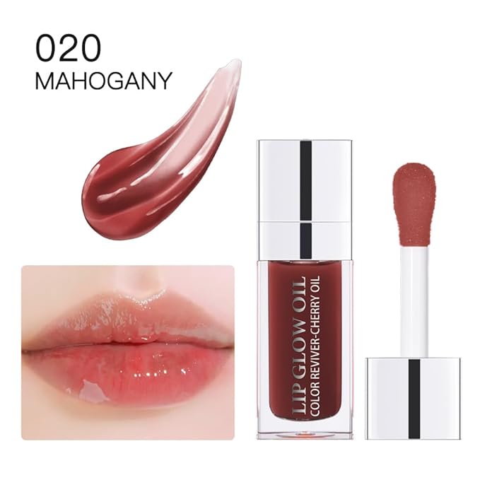 Plumping Lip Oil, Long Lasting Hydrating Lip Gloss Tinted Lip Balm Non-sticky Revitalizing, Transparent Lip Care Oil for Dry Lip (MAHOGANY)