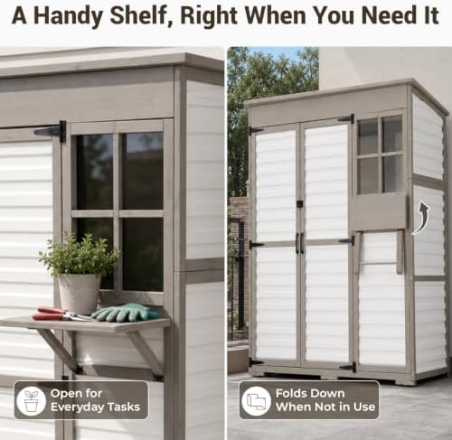 Ketive Outdoor Storage Cabinet, Fold-Down Shelf, 3 Shelves, 6 Hooks - Image 3