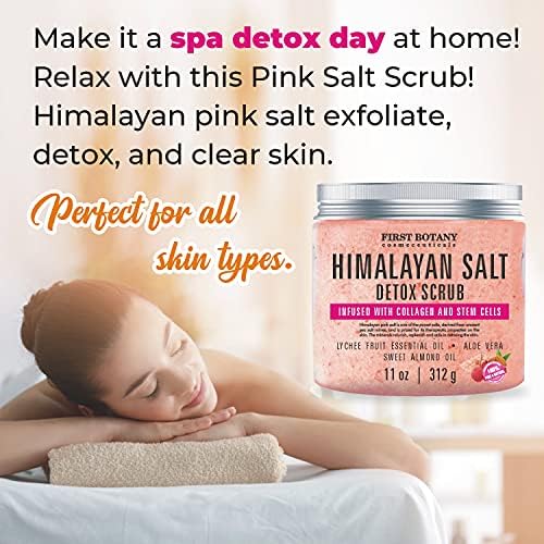 First Botany Himalayan Salt Body Scrub with Collagen & Stem Cells, Natural Exfoliating Salt Scrub Body & Face Souffle (20 oz)