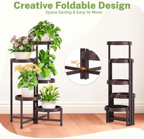 iDavosic.ly 5 Tier Folding Plant Stand Indoor Outdoor, Plastic Tray - Image 3