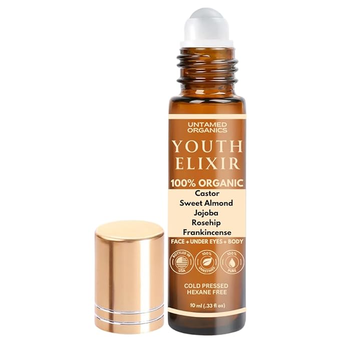 Youth Elixir - Roll On Facial Serum For Under Eyes and Face with Certified Organic, Cold Pressed, Hexane Free Castor, and Frankincense Oil - Miracle Anti-Aging Oil 10mL