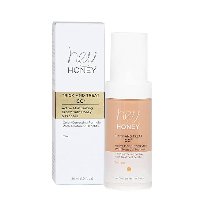 Hey Honey Trick and Treat CC² Cream SPF 46 | Active Moisturizing Color Correcting Cream with Honey & Propolis | Best Cover For Rosacea, Skin Redness & Mature Skin | 1 oz (Tan Tone)