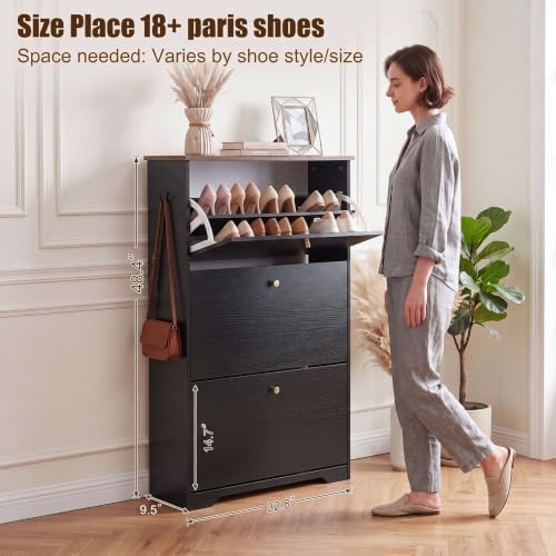 Nicetree 3 Flip‑Drawer Shoe Cabinet, Walnut Top, 9.5" Deep, Light Black - Image 2