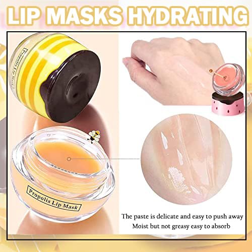 Bee Lip Balm Honey Pot, 2 PCS Strawberry & Honey Lip Masks Hydrating Prevention Dry and Cracked Lip Scrubs Exfoliator,Lip Sleep Mask Reduces Lip Lines,Lip Exfoliating BeeLip Balm Sleeping Lip Mask