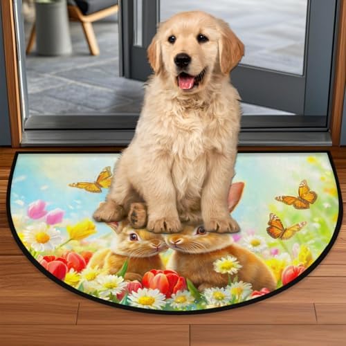 cfpolar Spring Easter Bunny Flower Half Round Door Mat Indoor Entrance Half - Image 6