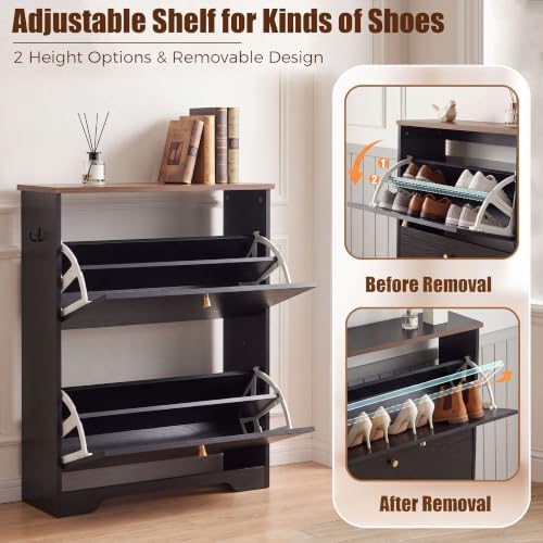Nicetree 2 Flip‑Drawer Shoe Cabinet, Walnut Top, 9.5" Deep, Light Black - Image 6