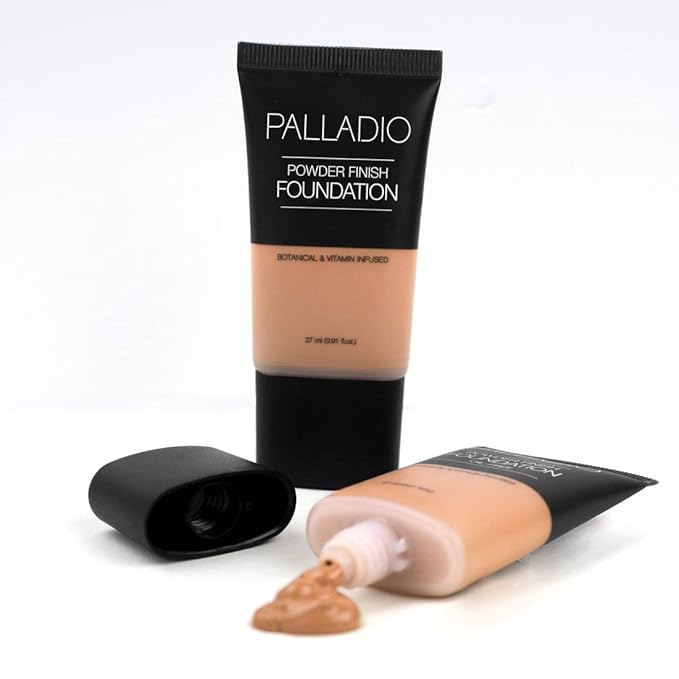 Palladio Powder Finish Liquid Foundation, Natural Matte Appearance, Reduces Fine Lines, Covers Large Pores, Hides Imperfections, All Day Wear, Sheer to Medium Coverage, In the Buff