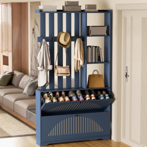 Narrow Hall Tree with Storage, Modern Entryway Coat Rack with Shoe Cabinet - Image 5