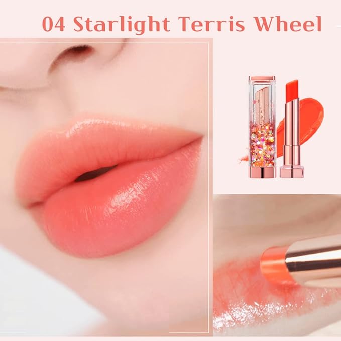 [SET] CORINGCO Sparkle Cute Color Changing Lip Balm｜ Colored Lip Cream Lip Gloss, Glitter Lip Care Lip Pack Birthday Gift Glitter Gift Sequin Shiny Spangle Lipbalm (#04 Orange Red)