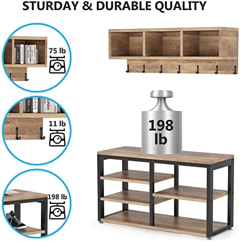 Tribesigns Coat Rack Set, Hall Tree, Industrial Shoe Bench, 3 Storage Cubbies - Image 4
