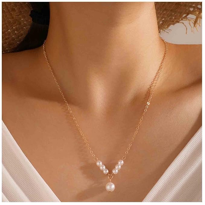Vintage Pearl Pendant Necklace Gold Pearl Beads Necklace Freshwater Cultured Pearl Chain Necklace Pearl Bar Necklace Chain Jewelry for Women and Girls