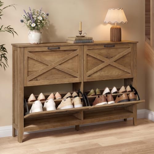 VASAGLE Farmhouse Shoe Cabinet, Narrow Storage Organizer, 4 Flip Drawers by VASAGLEbySONGMICSHOME