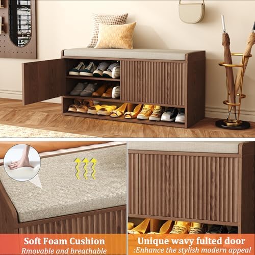 HOMEFORT 39.4" Fluted Shoe Storage Bench, Entryway Bench - Image 6