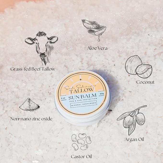 Tallow Sun Balm- with grassfed beef tallow, castor oil, zinc oxide | Mineral Sunscreen | Natural, Organic | Reef Safe, Ocean Friendly | Spf 30 - suitable for sensitive skin (2 oz) (Medium)