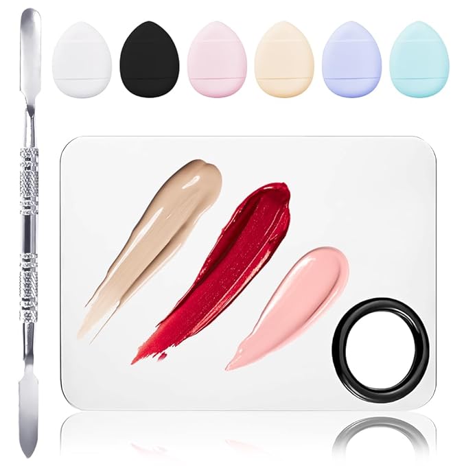 Makeup Mixing Palettes, Makeup Palette with 6PCS Mini Powder Puff, Foundation Palette with Makeup Spatula, Stainless Steel Nail Art Palette Set, For Makeup Pigment Blending