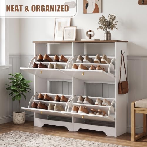 Nicetree Shoe Cabinet, 4 Flip Drawers Slim White - Image 4