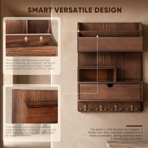 Rebee Vision Key Holder Wall Mount, Mail Organizer & Drawer, Retro Brown - Image 6