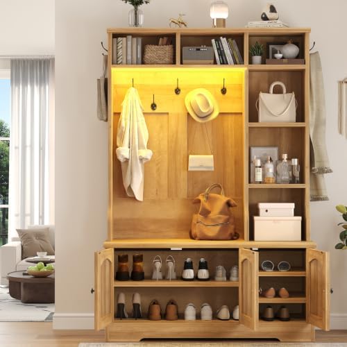 Hall Tree with Bench and Shoe Storage, 5-in-1 Coat Rack with Shoe Bench - Image 6