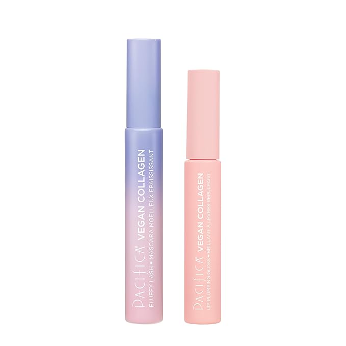 Pacifica Beauty Vegan Collagen Lash and Lip Kit Set, Makeup, Fluffy Lash Mascara, Long Lasting, Black Volumizing Mascara, Lip Gloss, Lip Serum, Lip Plumping, 0.24 fl oz and 0.19 fl oz (Set of 2)