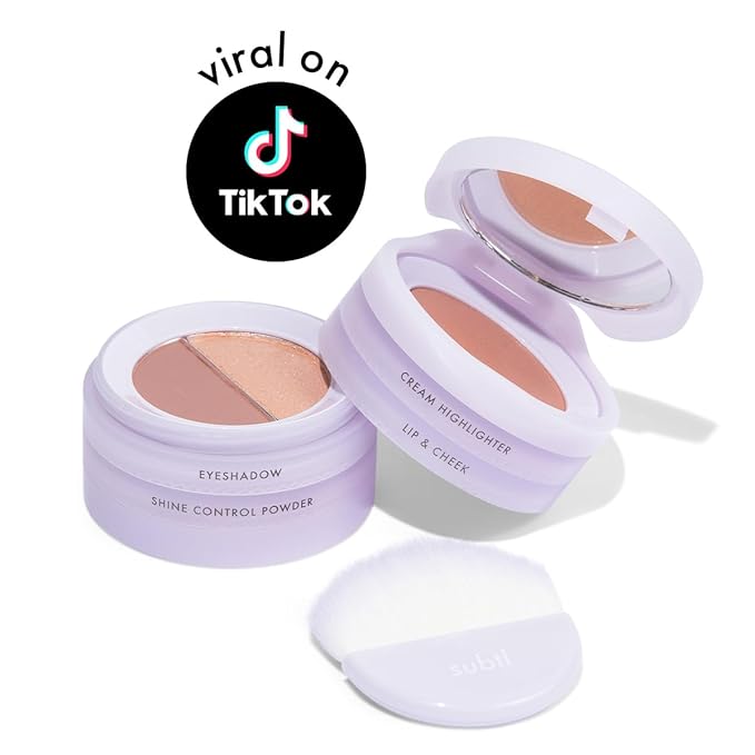 Subtl Beauty 4-in-1 travel makeup kit by subtl staks | eyeshadow duo, shine control powder, cream highlighter, lip and cheek | includes mirror lid and mini brush | stackable makeup designed for travel