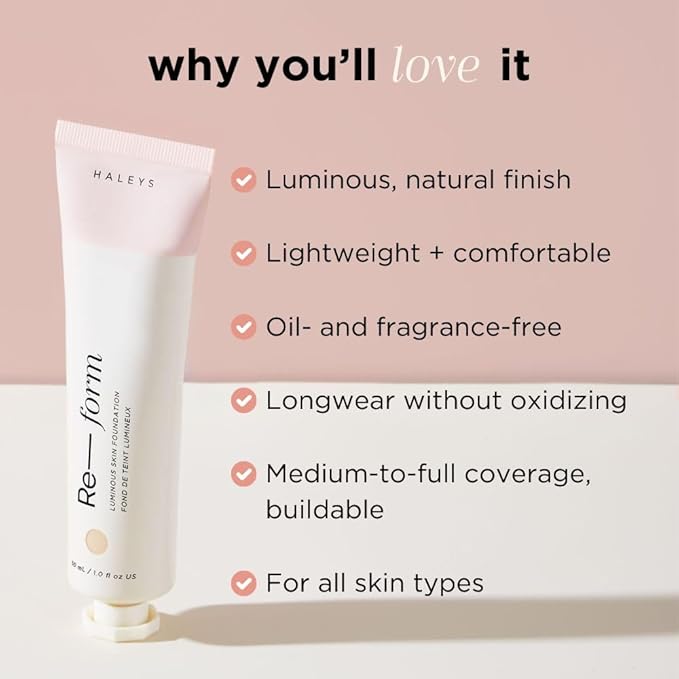 HALEYS Re-form Luminous Skin Foundation, VEGAN + CRUELTY-FREE, Blurs, Conceals, Blendable, Buildable Med-to-Full Coverage, Weightless, Oil-free, All-Day Wear, Hyaluronic Acid, All skin types (4.25)