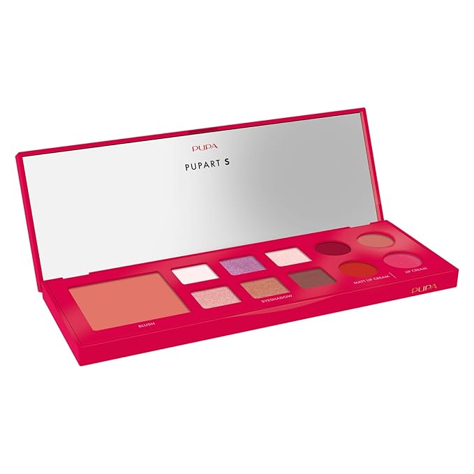 Pupa Milano Pupart S Makeup Palette, 003 Red, 0.4 oz - Versatile Makeup Kit - Blush for Cheeks - Eyeshadow - Lip Gloss - Lip Cream - Face Makeup
