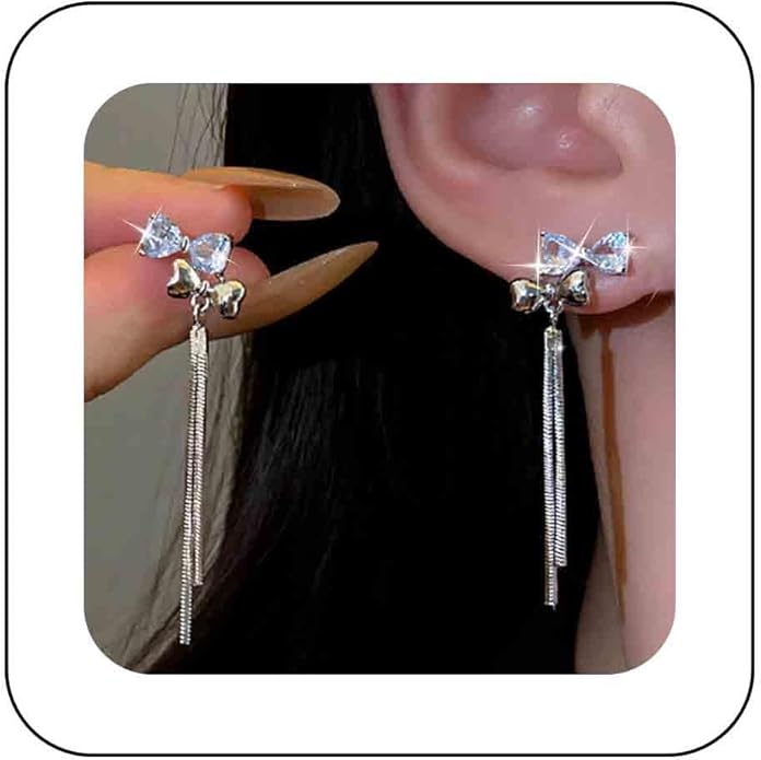 Vintage Crystal Bow Chain Drop Earrings Rhinestone Heart Stud Earrings Silver Long Chain Tassel Earrings Sparkly Cz Bridal Earrings Jewelry for Women